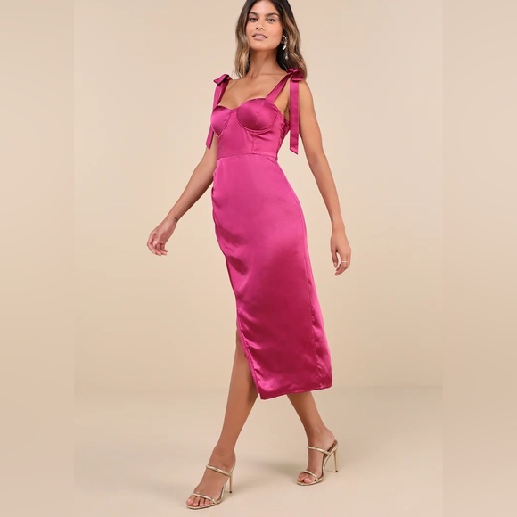 Lulu's Graceful Sophistication Magenta Pink Satin Bow Tie Straps Midi Dress M - Picture 3 of 12